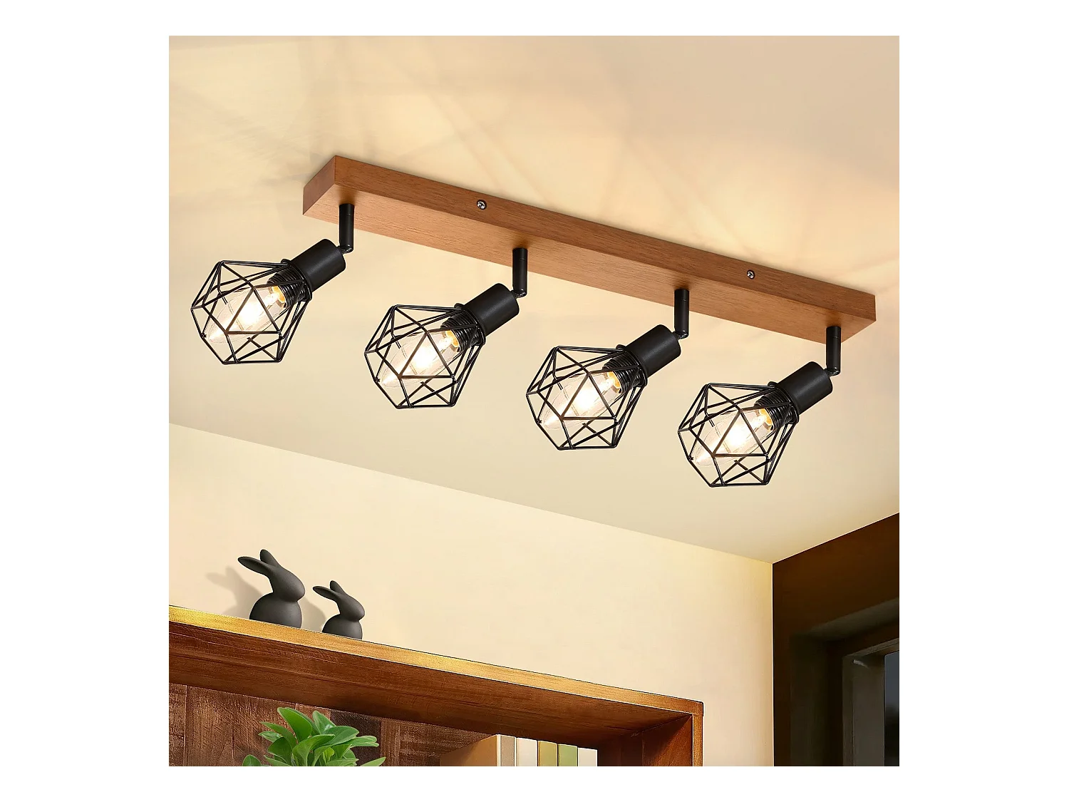 NETTLIFE 4 spots de plafond noir E14 bois vintage métal, plafonnier orientable à 350° pour intérieur chambre salon salle à manger cuisine max 25W