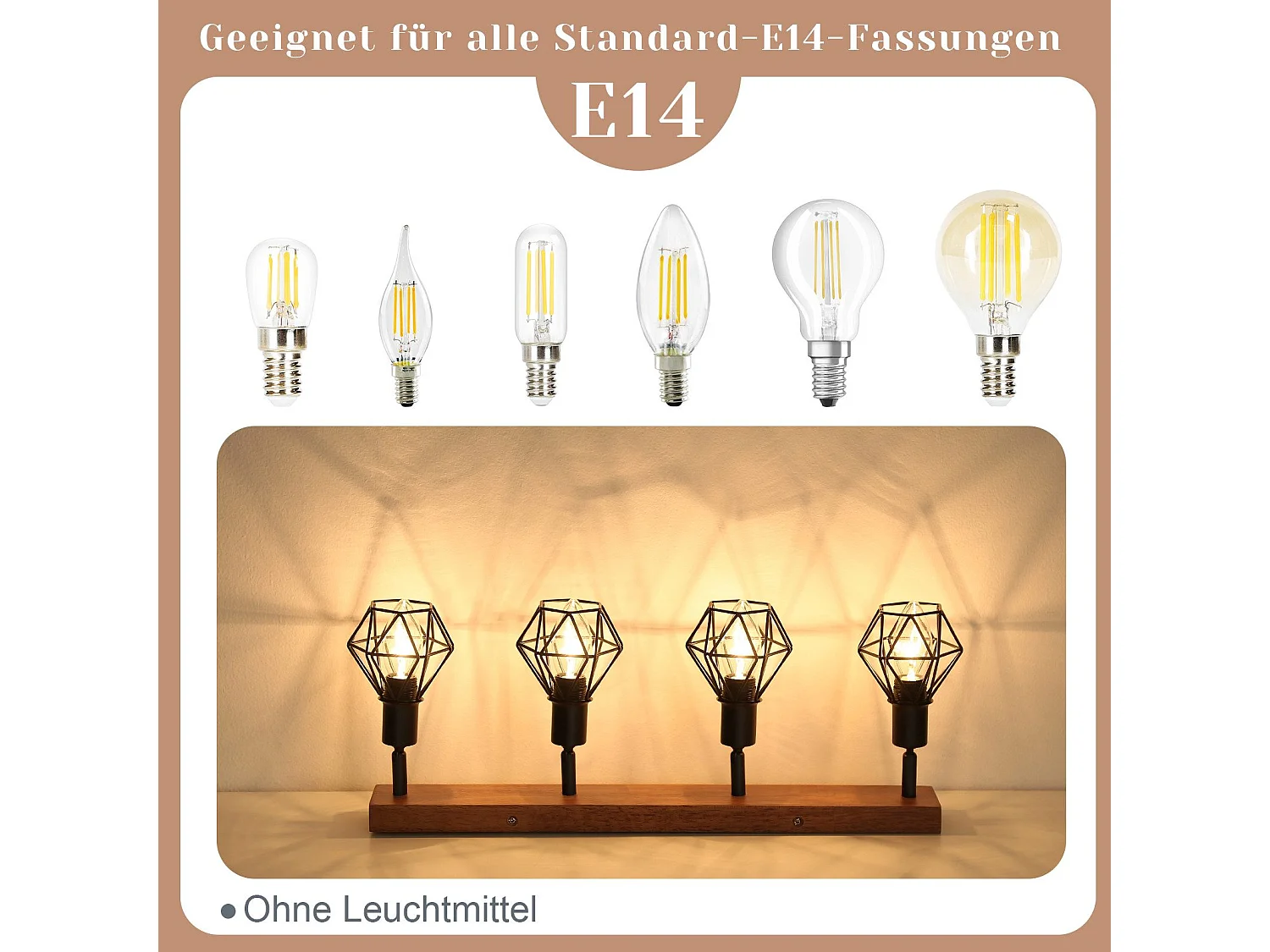 NETTLIFE 4 spots de plafond noir E14 bois vintage métal, plafonnier orientable à 350° pour intérieur chambre salon salle à manger cuisine max 25W