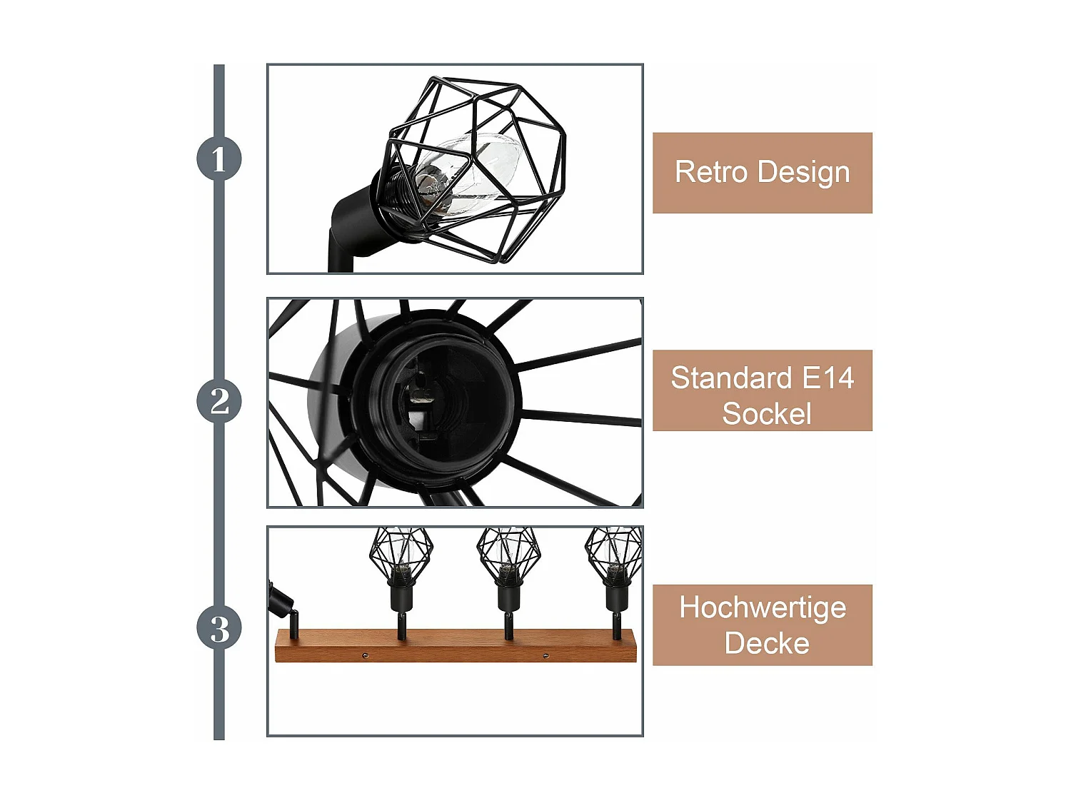 NETTLIFE 4 spots de plafond noir E14 bois vintage métal, plafonnier orientable à 350° pour intérieur chambre salon salle à manger cuisine max 25W
