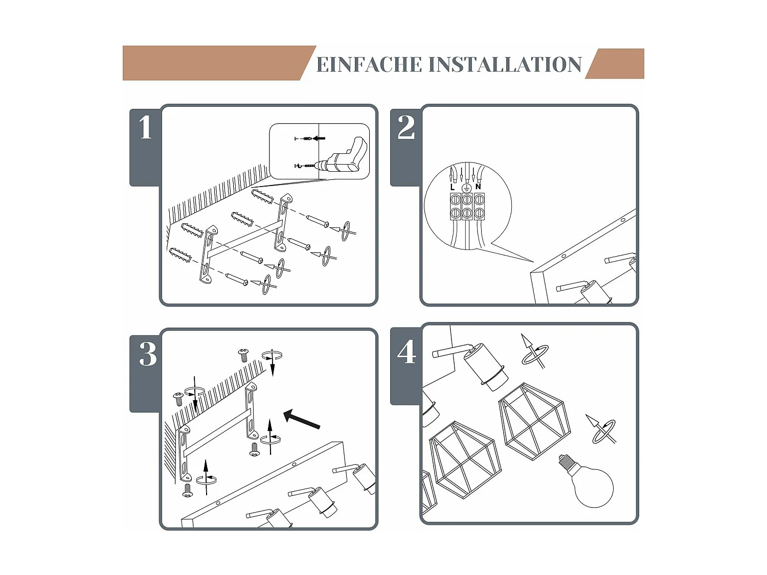NETTLIFE 4 spots de plafond noir E14 bois vintage métal, plafonnier orientable à 350° pour intérieur chambre salon salle à manger cuisine max 25W