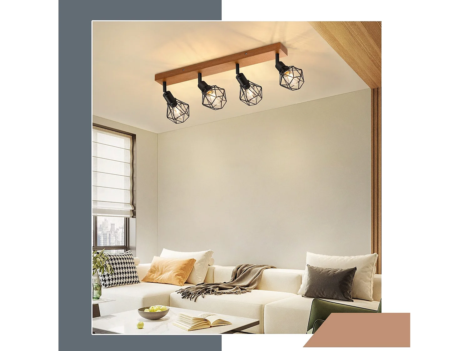 NETTLIFE 4 spots de plafond noir E14 bois vintage métal, plafonnier orientable à 350° pour intérieur chambre salon salle à manger cuisine max 25W