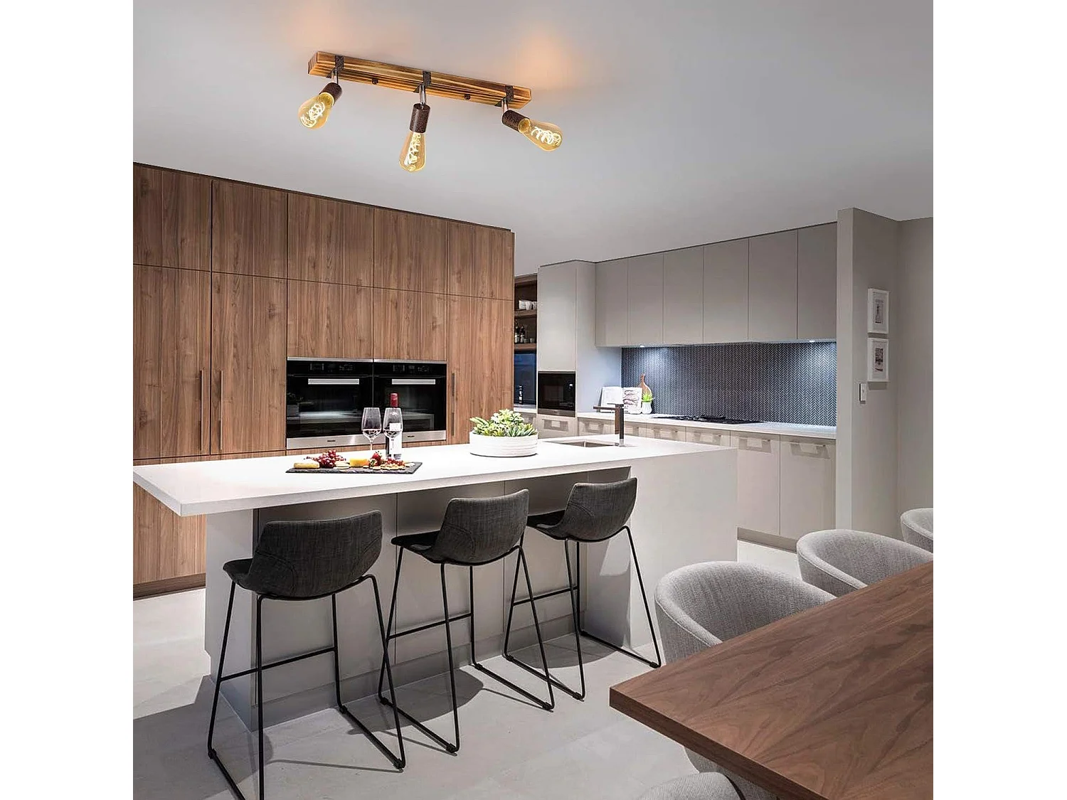 NETTLIFE 3 Spots  E27, max.25 W 55 cm,Plafonniers vintage , spot en bois,  avec lampe orientable et orientable pour couloir, cuisine, salle à manger