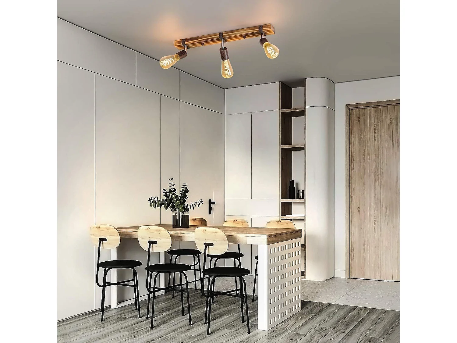 NETTLIFE 3 Spots  E27, max.25 W 55 cm,Plafonniers vintage , spot en bois,  avec lampe orientable et orientable pour couloir, cuisine, salle à manger