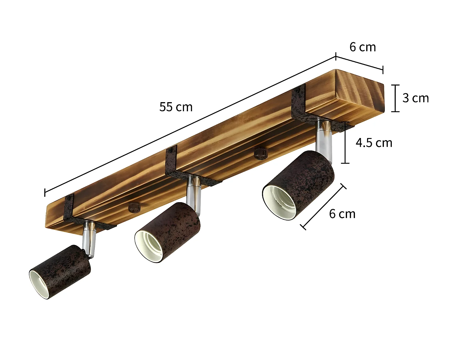 NETTLIFE 3 Spots  E27, max.25 W 55 cm,Plafonniers vintage , spot en bois,  avec lampe orientable et orientable pour couloir, cuisine, salle à manger