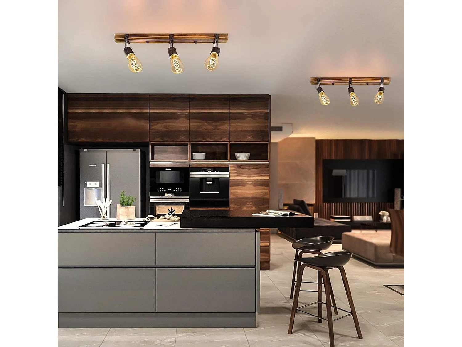 NETTLIFE 3 Spots  E27, max.25 W 55 cm,Plafonniers vintage , spot en bois,  avec lampe orientable et orientable pour couloir, cuisine, salle à manger