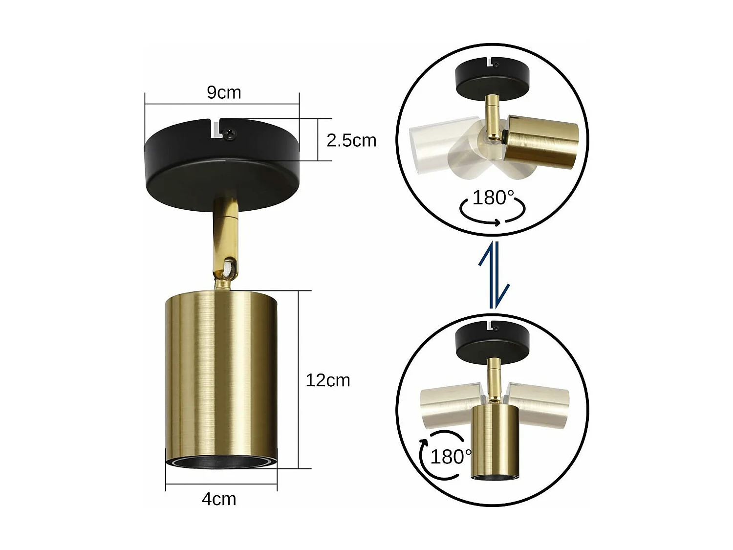 NETTLIFE Opbouwspot 1-lichts zwart goud E27 Fitting draaibar Plafondspot Vintage Keukenlamp Max. 40W Metaal voor Slaapkamer | Hal | Woonkamer Zonder Lichtborn L 9cm