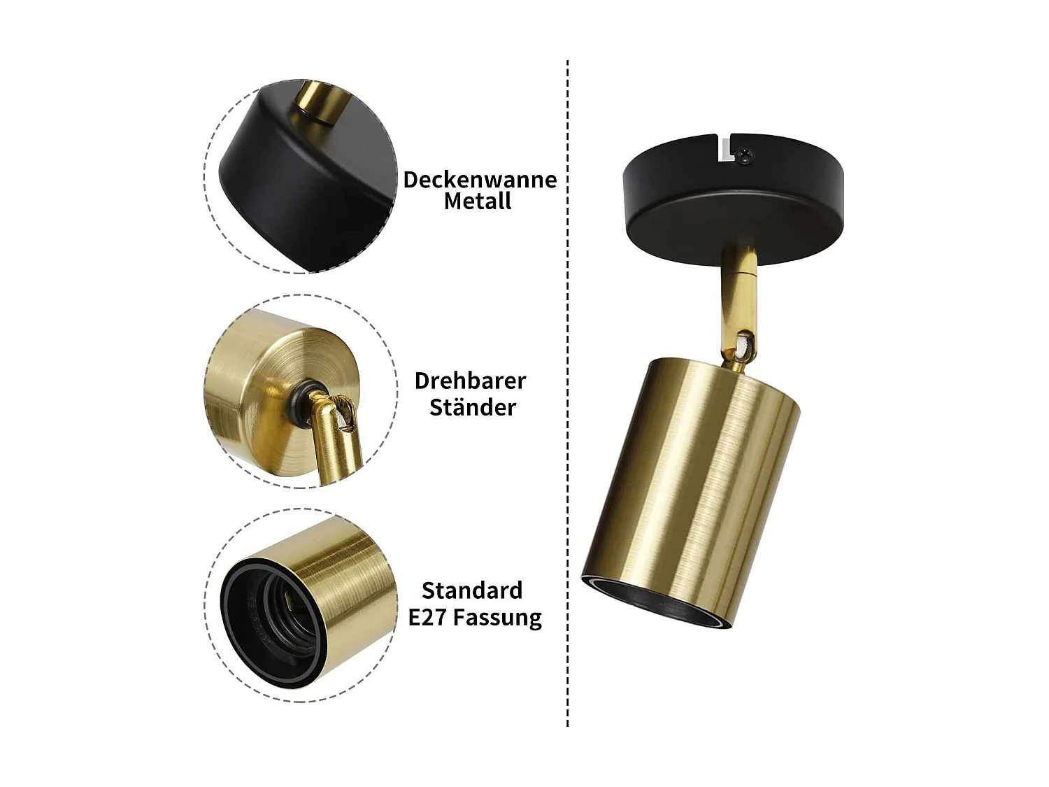 NETTLIFE Opbouwspot 1-lichts zwart goud E27 Fitting draaibar Plafondspot Vintage Keukenlamp Max. 40W Metaal voor Slaapkamer | Hal | Woonkamer Zonder Lichtborn L 9cm