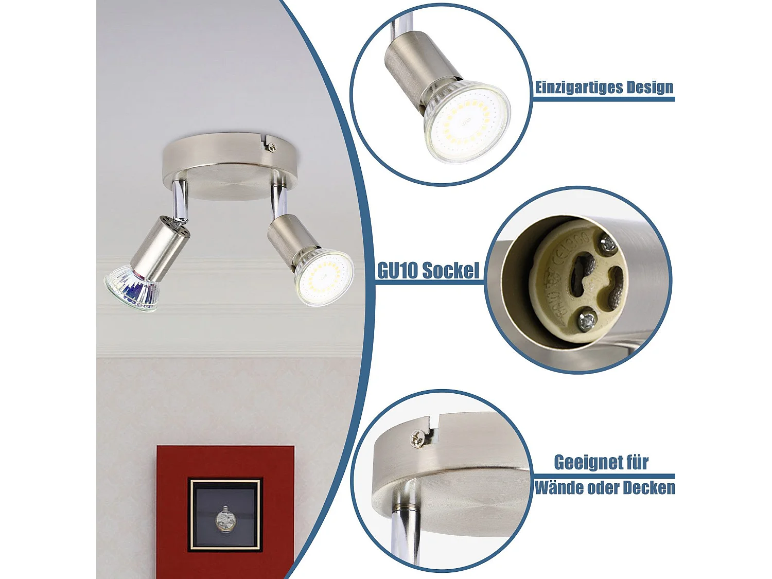 NETTLIFE LED 2 spots de plafond GU10 orientables à 350°, lampe moderne ronde en métal nickel pour salon chambre cuisine salle à manger sans ampoule