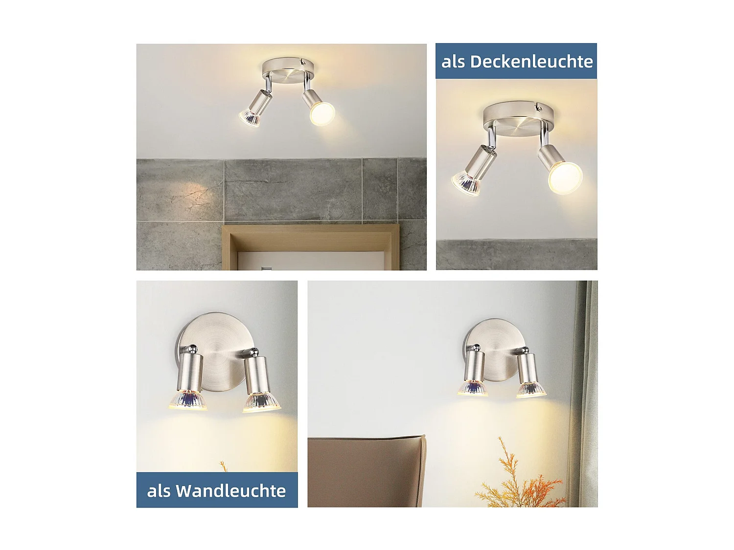 NETTLIFE LED 2 spots de plafond GU10 orientables à 350°, lampe moderne ronde en métal nickel pour salon chambre cuisine salle à manger sans ampoule