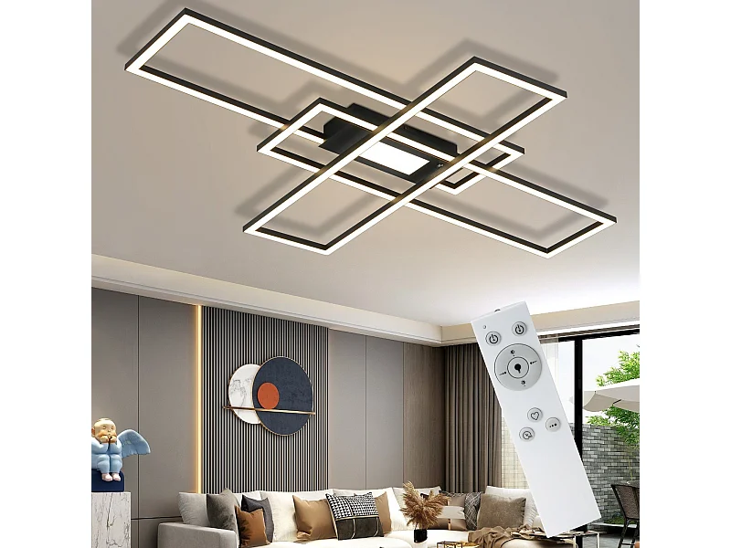 NETTLIFE Plafonnier LED Lampe de Salon Noir Lampe Moderne Dimmable avec Télécommande 50 W Chambre Grande pour Cuisine Couloir Salle à Manger