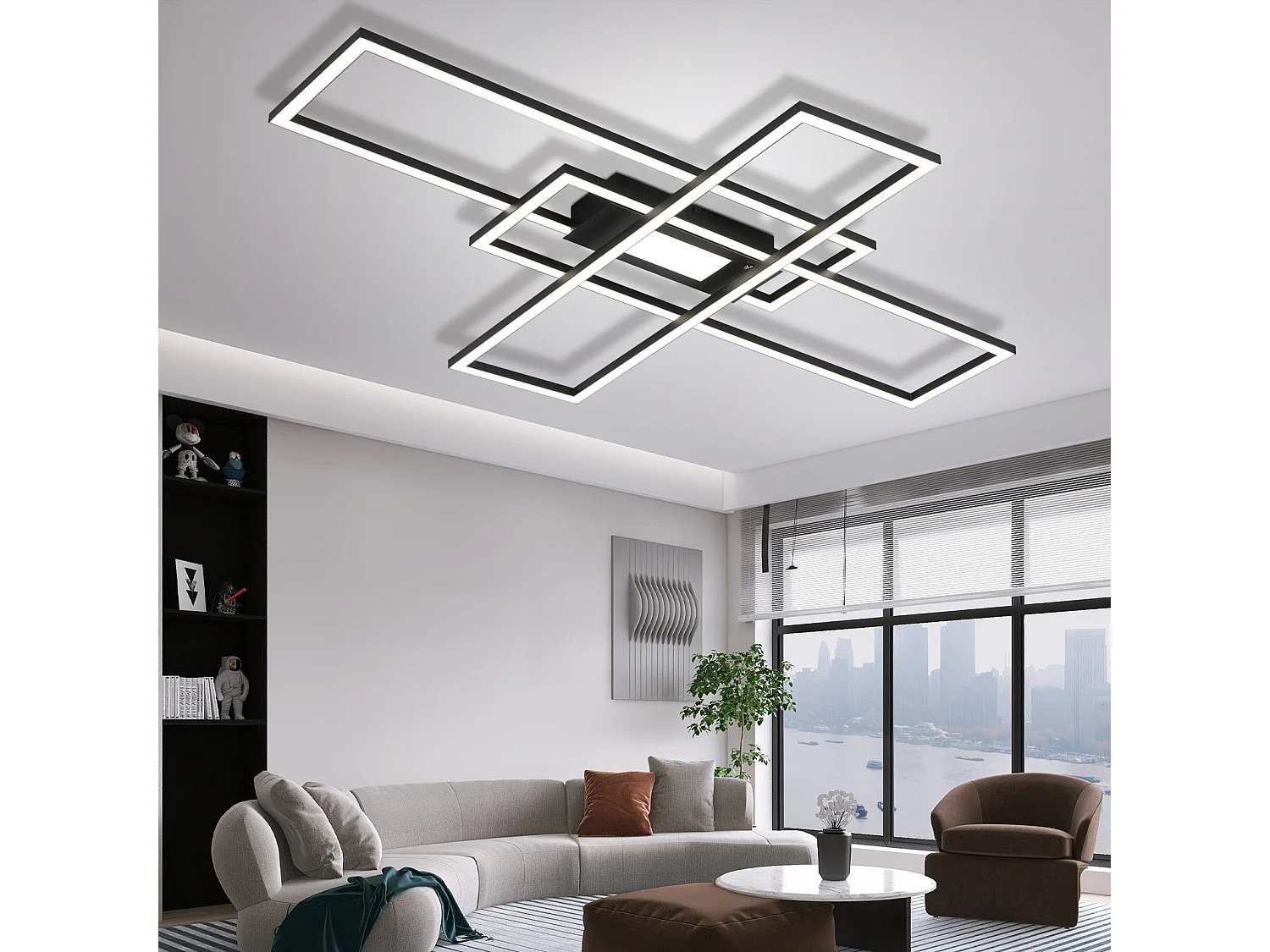 NETTLIFE Plafonnier LED Lampe de Salon Noir Lampe Moderne Dimmable avec Télécommande 50 W Chambre Grande pour Cuisine Couloir Salle à Manger