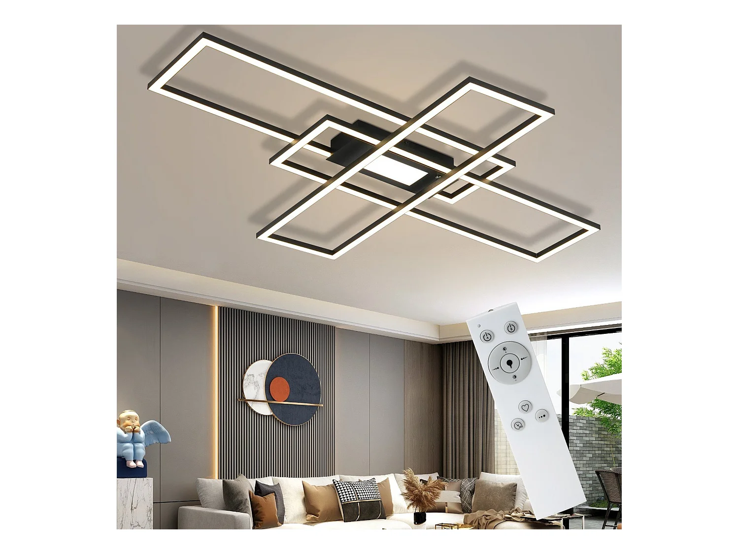 NETTLIFE Plafonnier LED Lampe de Salon Noir Lampe Moderne Dimmable avec Télécommande 50 W Chambre Grande pour Cuisine Couloir Salle à Manger