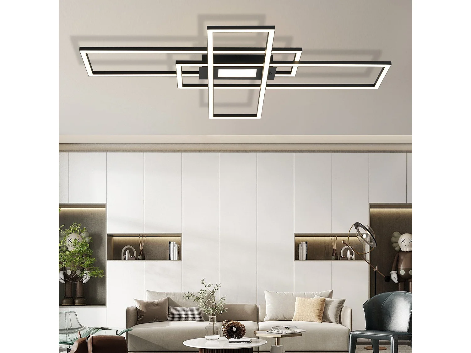 NETTLIFE Plafonnier LED Lampe de Salon Noir Lampe Moderne Dimmable avec Télécommande 50 W Chambre Grande pour Cuisine Couloir Salle à Manger