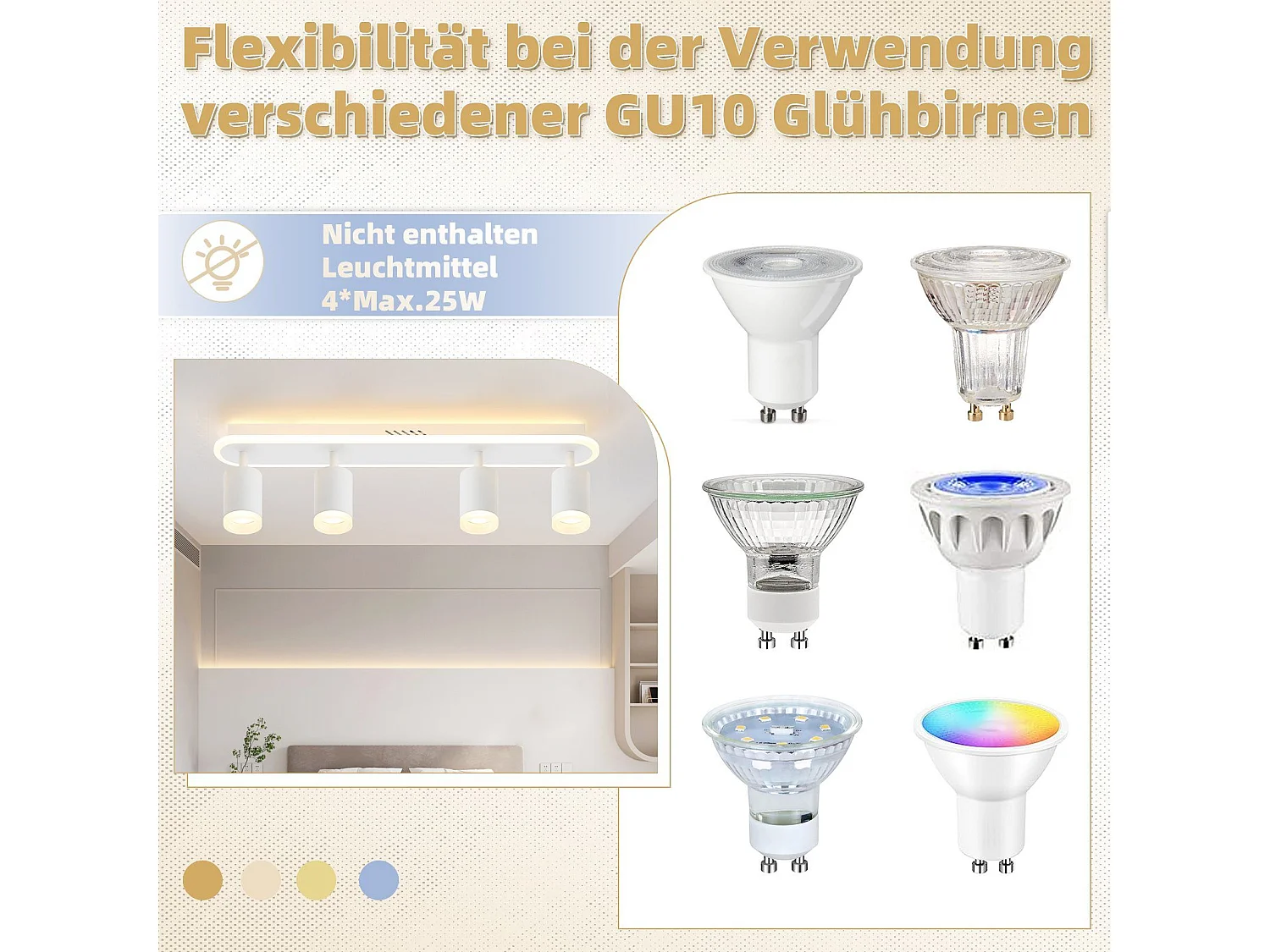 NETTLIFE 4 ciepłe białe GU10 metalowe reflektory sufitowe LED, regulowane 330° do sypialni, przedpokoju, jadalni, kuchni, salonu