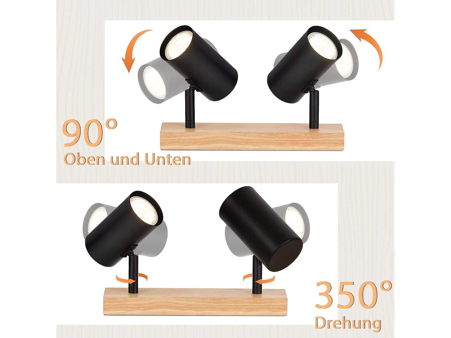 NETTLIFE 2 Deckenstrahler aus schwarzem Holz, GU10, 350° verstellbar, Industrie-Retro-Stil, für Wohnzimmer, Schlafzimmer, Küche, Flur, Esszimmer