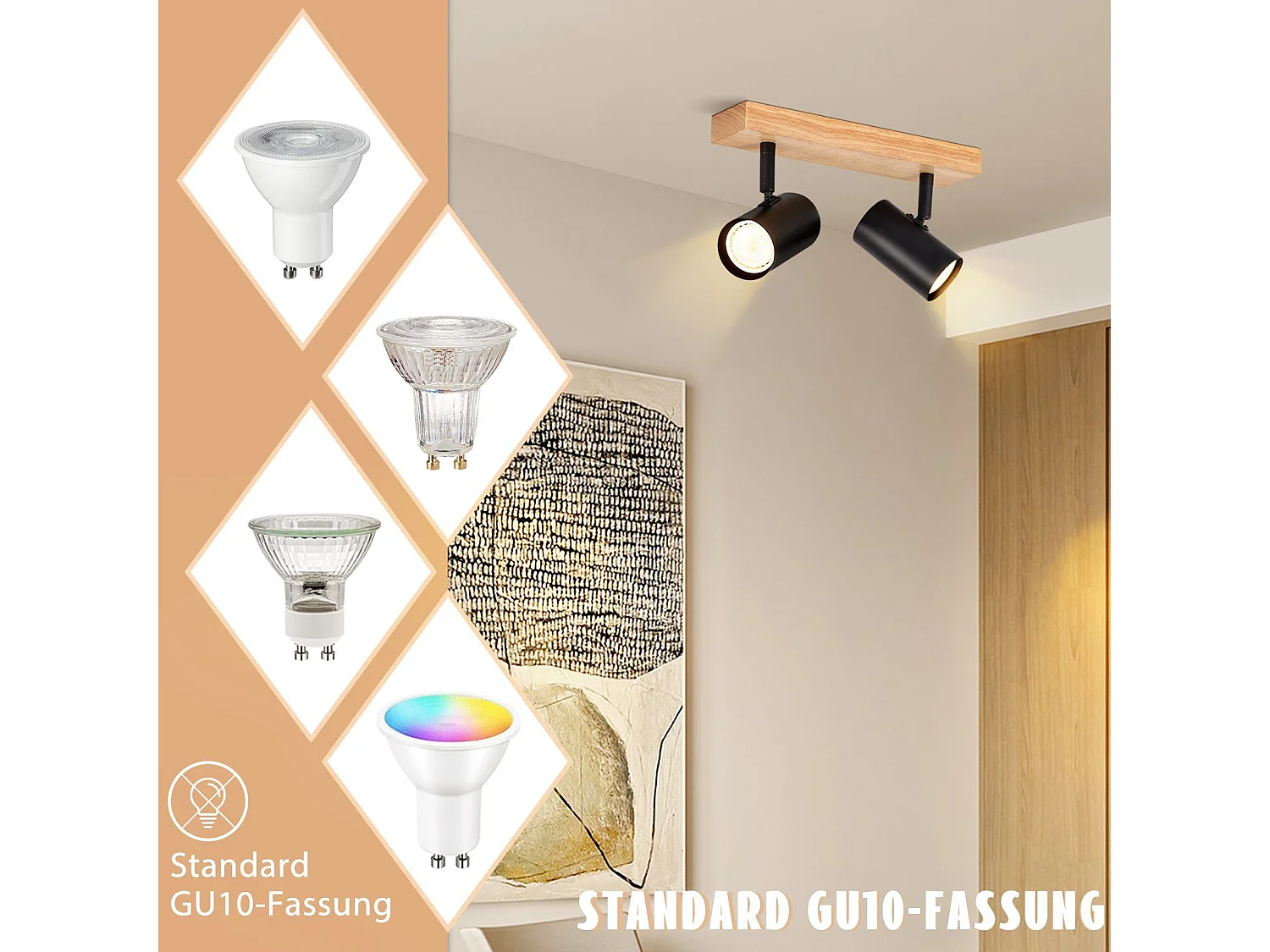 NETTLIFE 2 Deckenstrahler aus schwarzem Holz, GU10, 350° verstellbar, Industrie-Retro-Stil, für Wohnzimmer, Schlafzimmer, Küche, Flur, Esszimmer