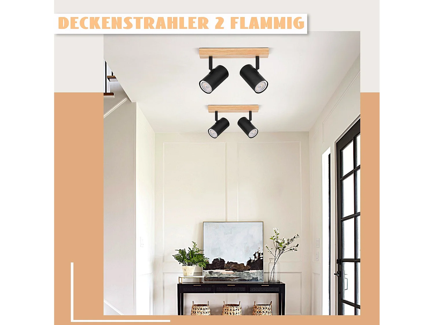 NETTLIFE 2 Deckenstrahler aus schwarzem Holz, GU10, 350° verstellbar, Industrie-Retro-Stil, für Wohnzimmer, Schlafzimmer, Küche, Flur, Esszimmer