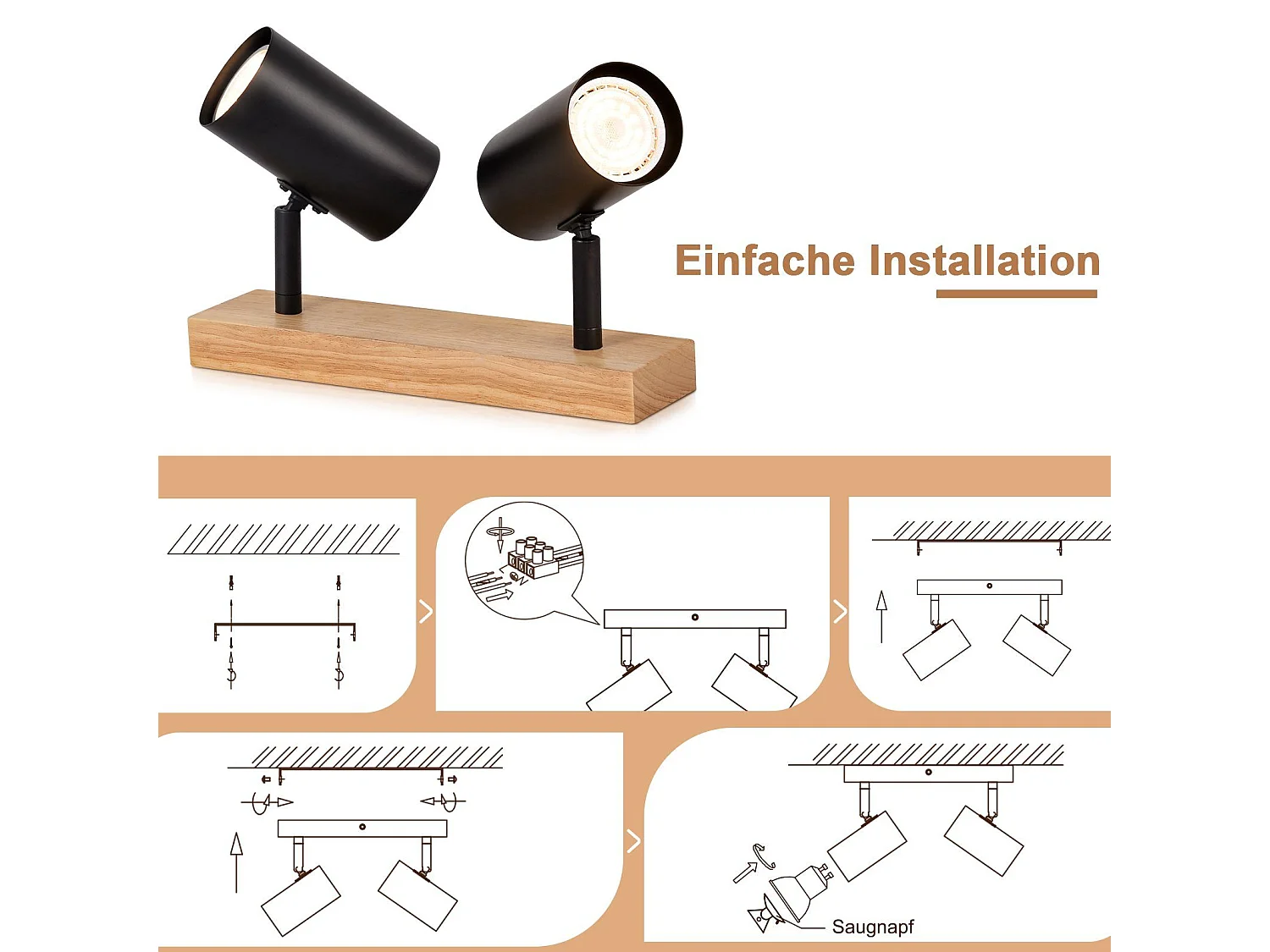 NETTLIFE 2 Spots de plafond bois noir GU10 orientables à 350°style rétro industriel pour salon chambre cuisine couloir salle à manger