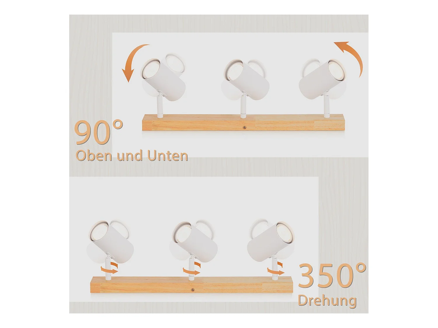 NETTLIFE 3 Vintage GU10 Moderne Plafondspots in Wit Hout, 350° Draaibaar voor Slaapkamer, Woonkamer, Kantoor, Eetkamer, Keuken