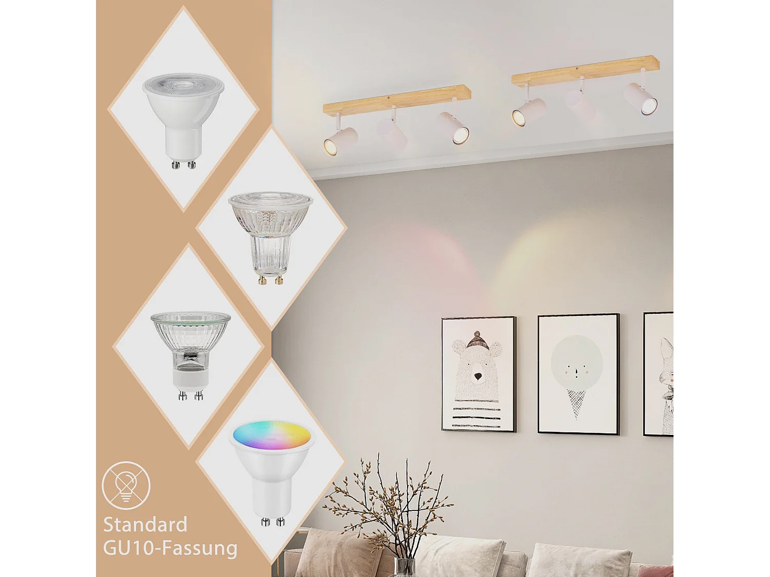 NETTLIFE 3 Vintage GU10 Moderne Plafondspots in Wit Hout, 350° Draaibaar voor Slaapkamer, Woonkamer, Kantoor, Eetkamer, Keuken