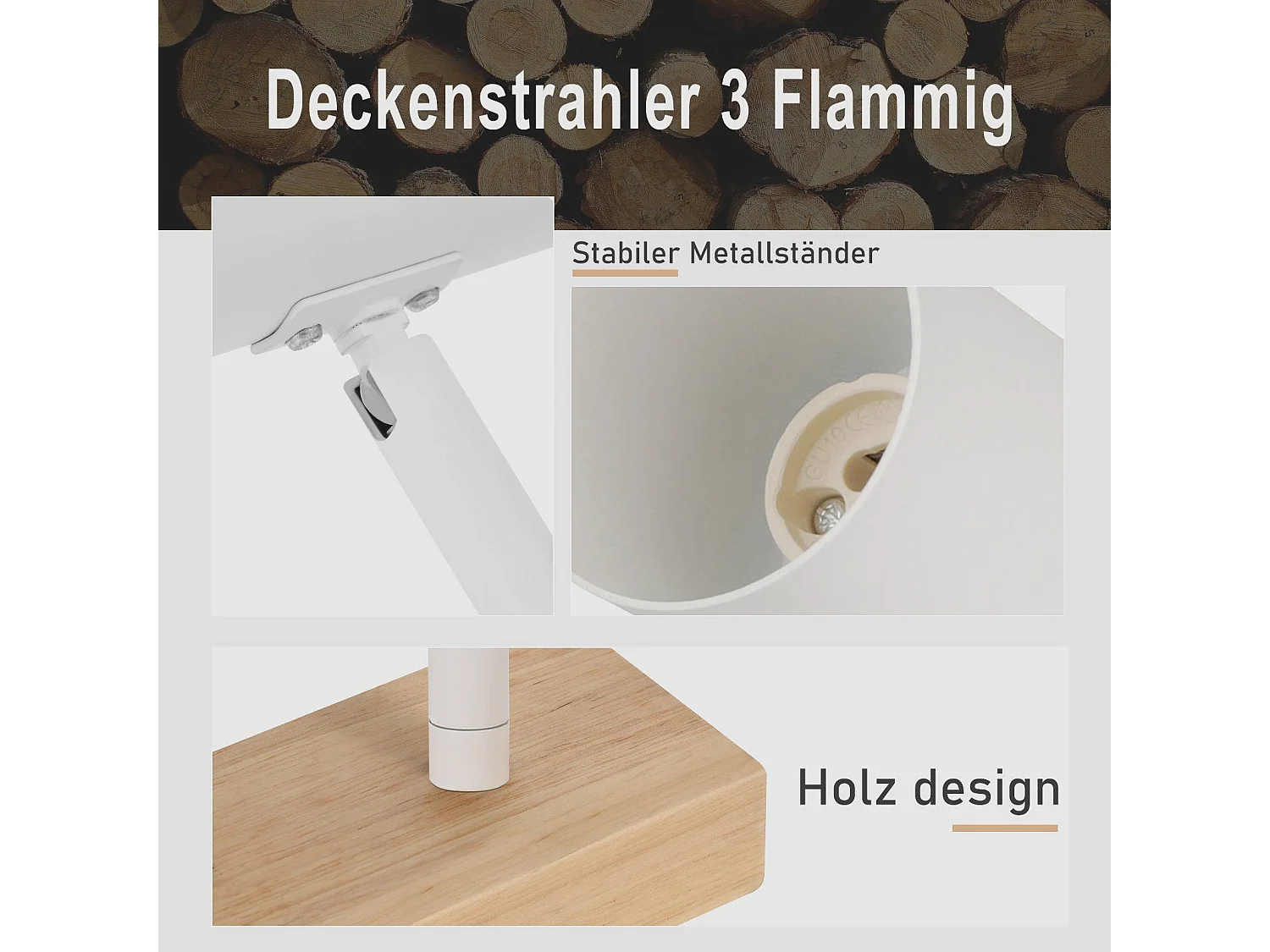 NETTLIFE 3 Vintage GU10 Moderne Plafondspots in Wit Hout, 350° Draaibaar voor Slaapkamer, Woonkamer, Kantoor, Eetkamer, Keuken