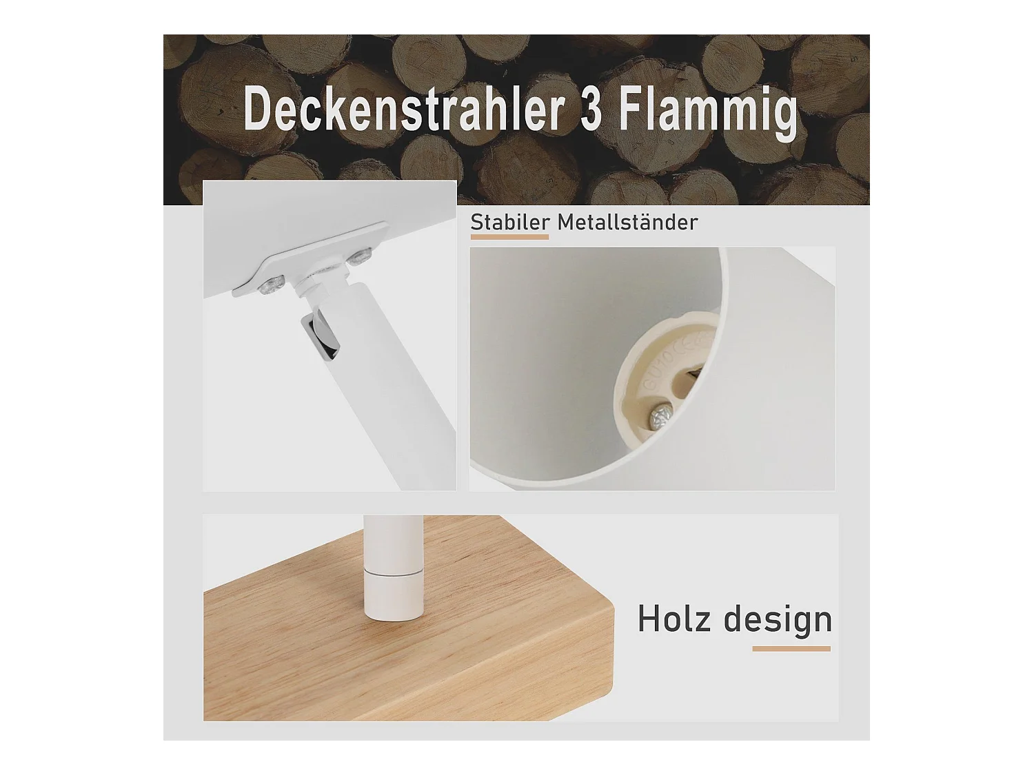 NETTLIFE 3 Spots de plafond bois vintage GU10 modernes blancs pivotants à 350° pour chambre salon bureau salle à manger cuisine