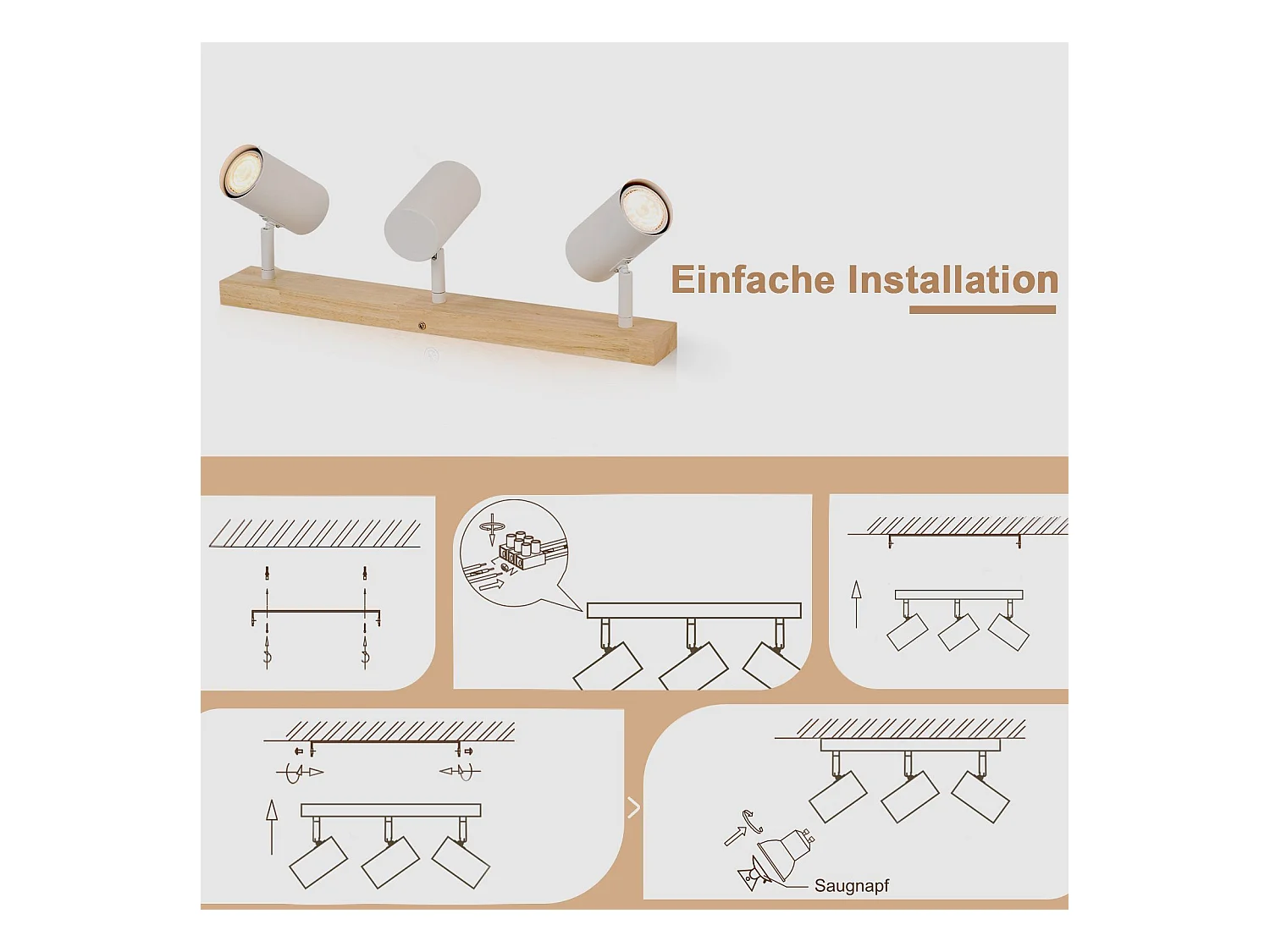 NETTLIFE 3 Spots de plafond bois vintage GU10 modernes blancs pivotants à 350° pour chambre salon bureau salle à manger cuisine