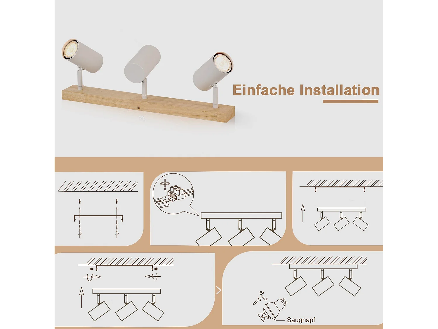 NETTLIFE 3 Spots de plafond bois vintage GU10 modernes blancs pivotants à 350° pour chambre salon bureau salle à manger cuisine