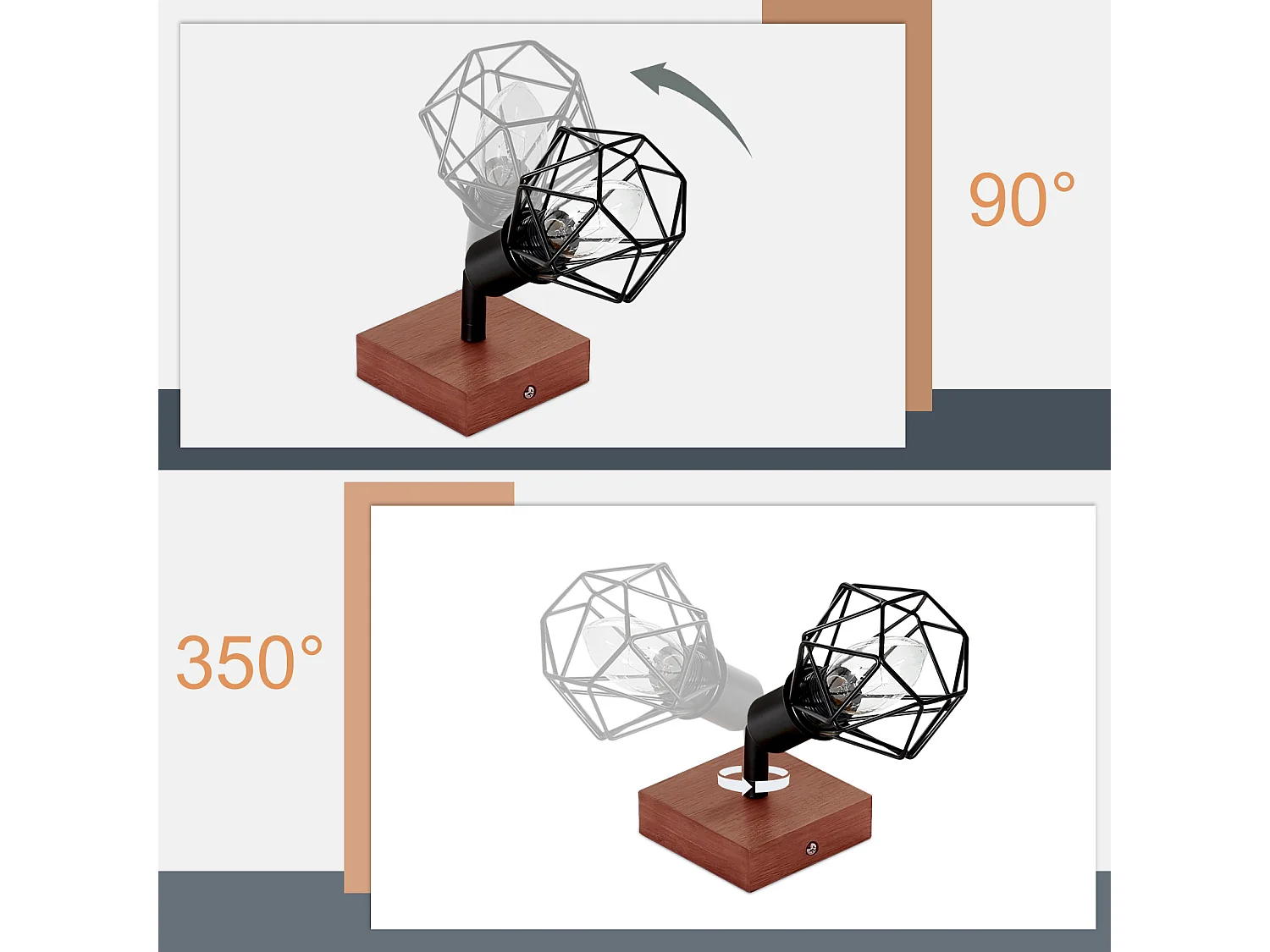 NETTLIFE Spot Plafondlamp Zwart Hout E14 Vintage Metaal Draaibaar 350°Max. 40 W voor hal, woonkamer, slaapkamer, keuken