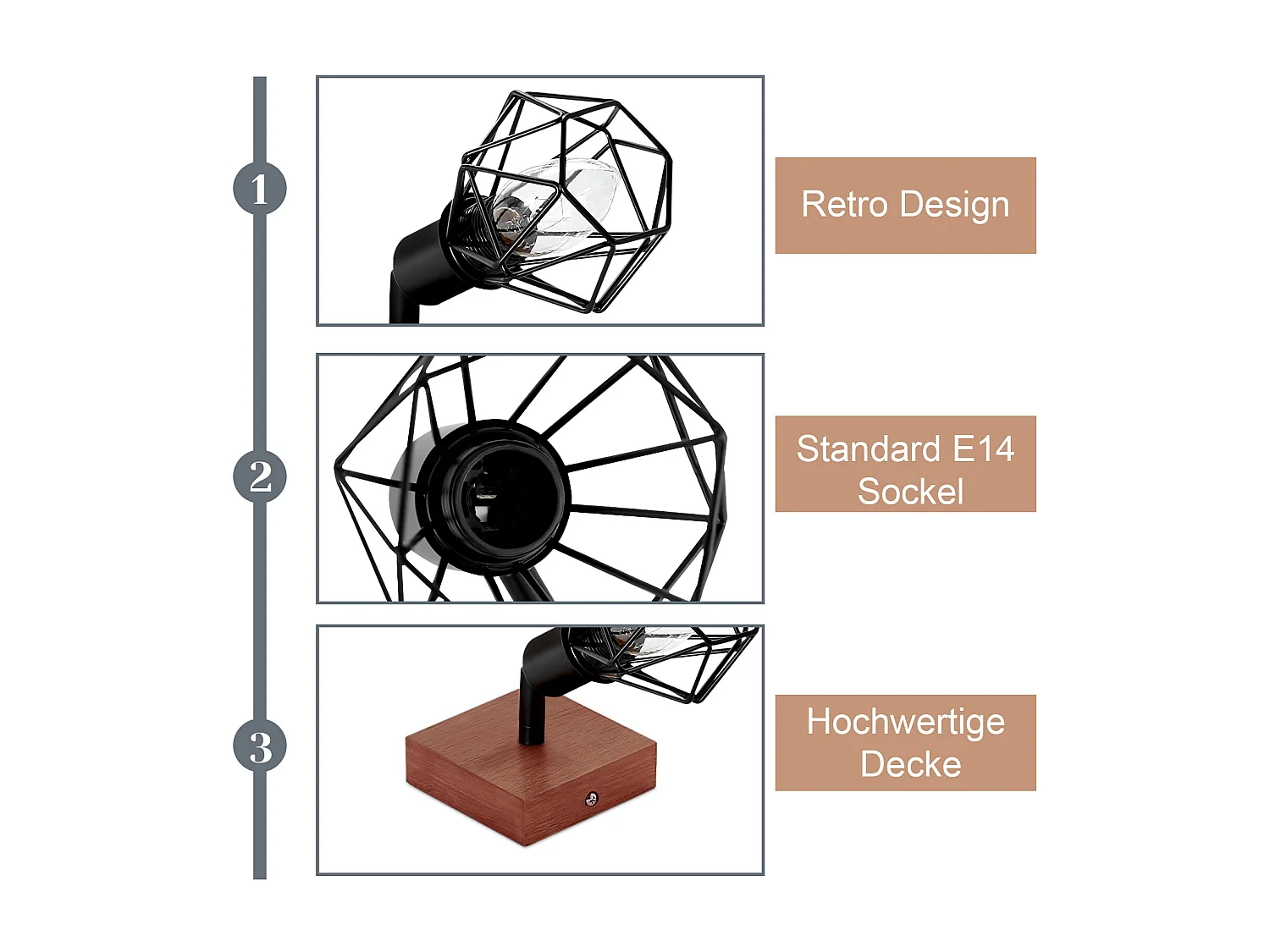 NETTLIFE Deckenstrahler Schwarz Holz E14 Vintage Metall schwenkbar 350° max. 40 W für Flur Wohnzimmer Schlafzimmer Küche