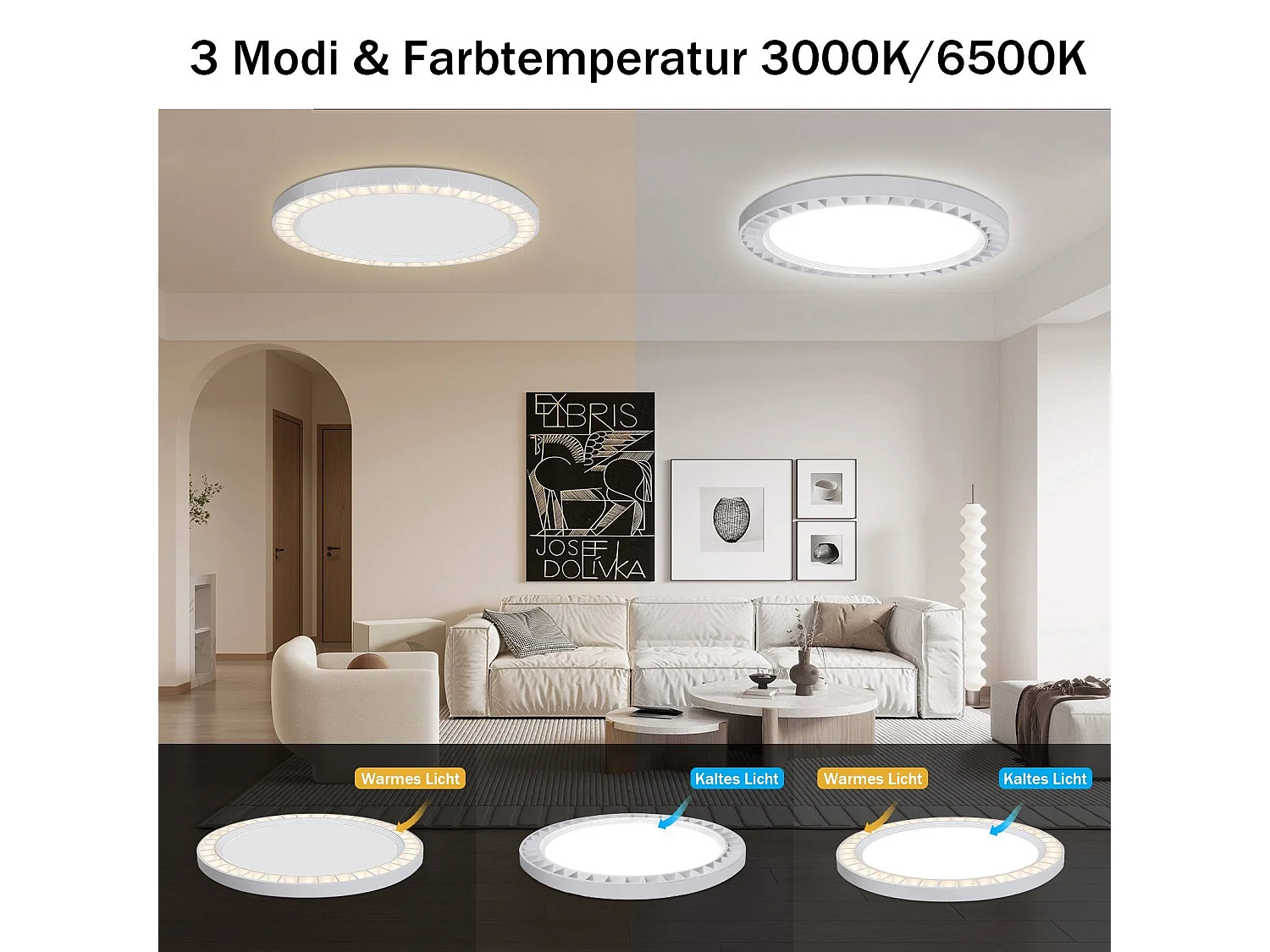 NETTLIFE LED-Deckenleuchte, flach, 24 W, Lampe, weiß, rund, Durchmesser 23 cm, modern, 3000 K/6500 K, 2 Farbtemperatur, IP44, für Badezimmer