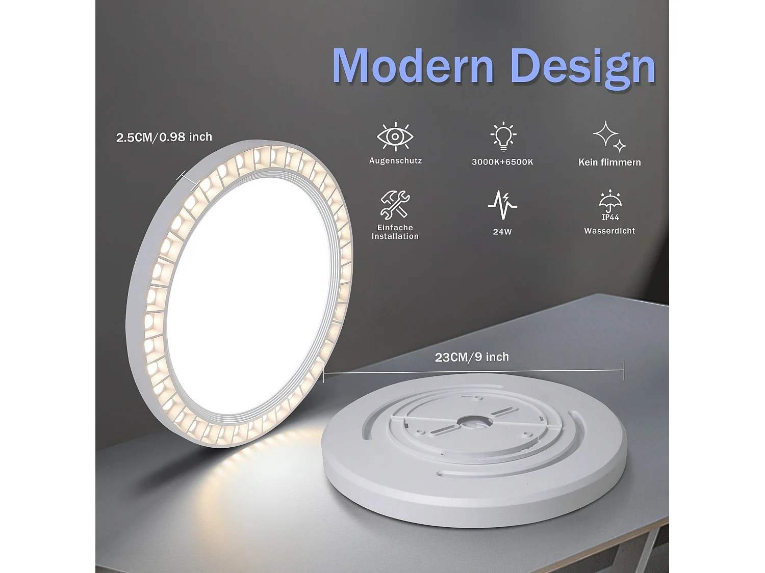 NETTLIFE LED-Deckenleuchte, flach, 24 W, Lampe, weiß, rund, Durchmesser 23 cm, modern, 3000 K/6500 K, 2 Farbtemperatur, IP44, für Badezimmer