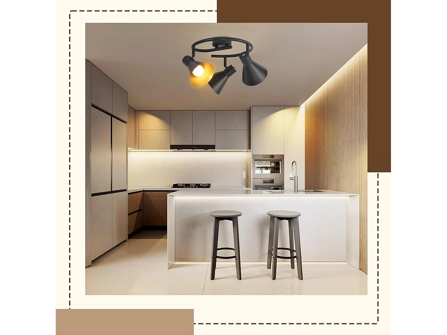 NETTLIFE Opbouwspot 3-lichts E14 Fitting rond zwart goud met creatief ontwerp 330° draaibar Plafondspot Vintage Keukenlamp