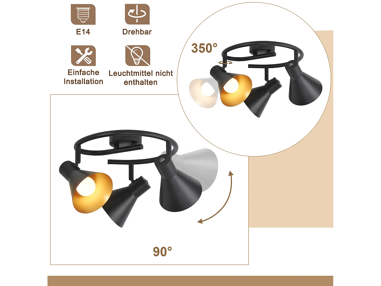 NETTLIFE Opbouwspot 3-lichts E14 Fitting rond zwart goud met creatief ontwerp 330° draaibar Plafondspot Vintage Keukenlamp