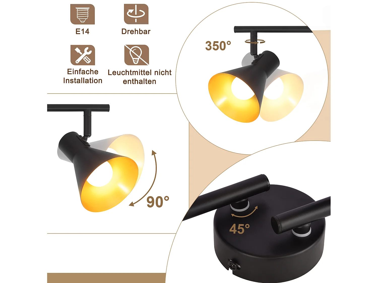 NETTLIFE Opbouwspot 3-lichts E14 Fitting rond zwart goud met creatief ontwerp 330° draaibar Plafondspot Vintage Keukenlamp