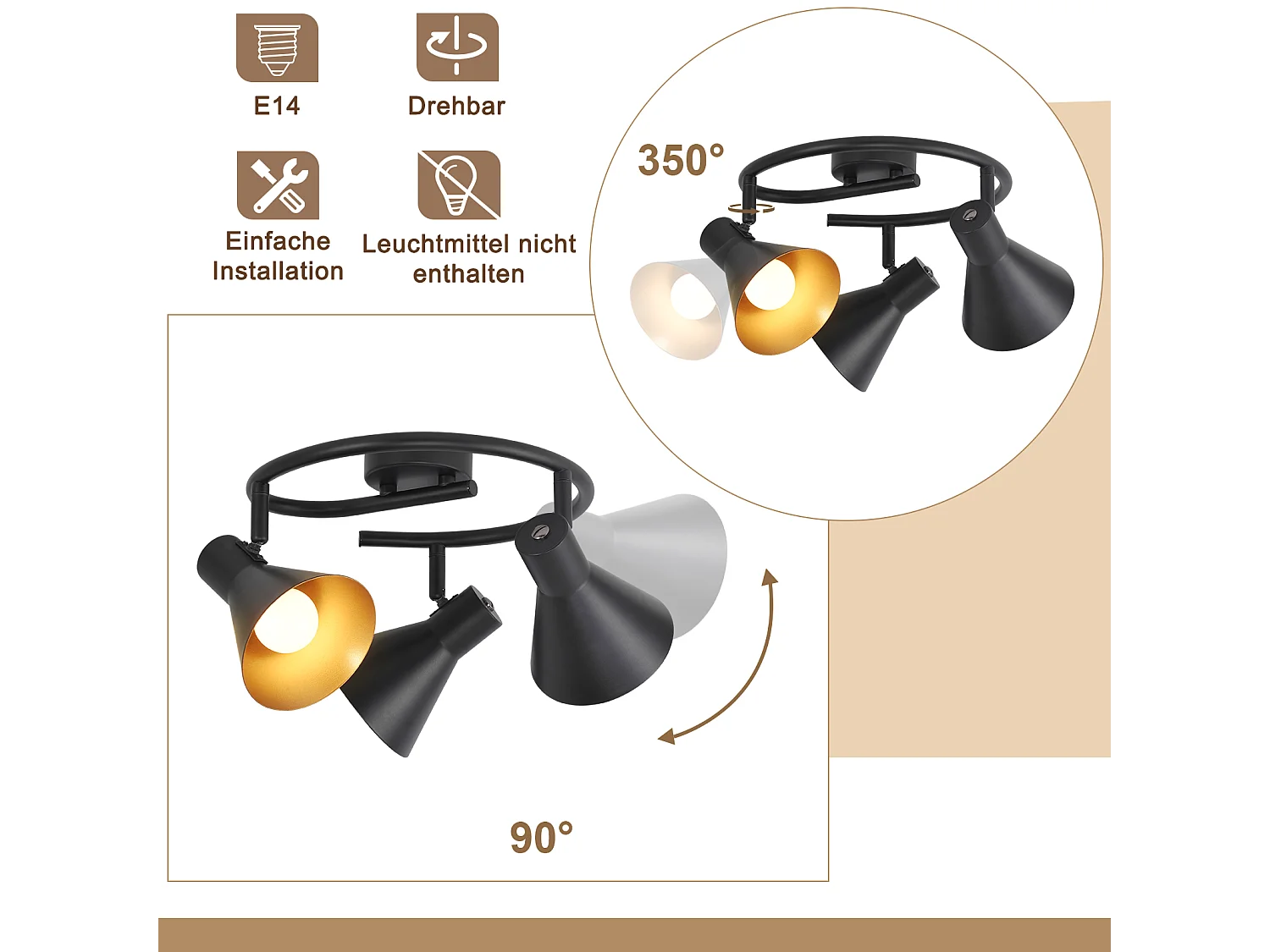 NETTLIFE Opbouwspot 3-lichts E14 Fitting rond zwart goud met creatief ontwerp 330° draaibar Plafondspot Vintage Keukenlamp