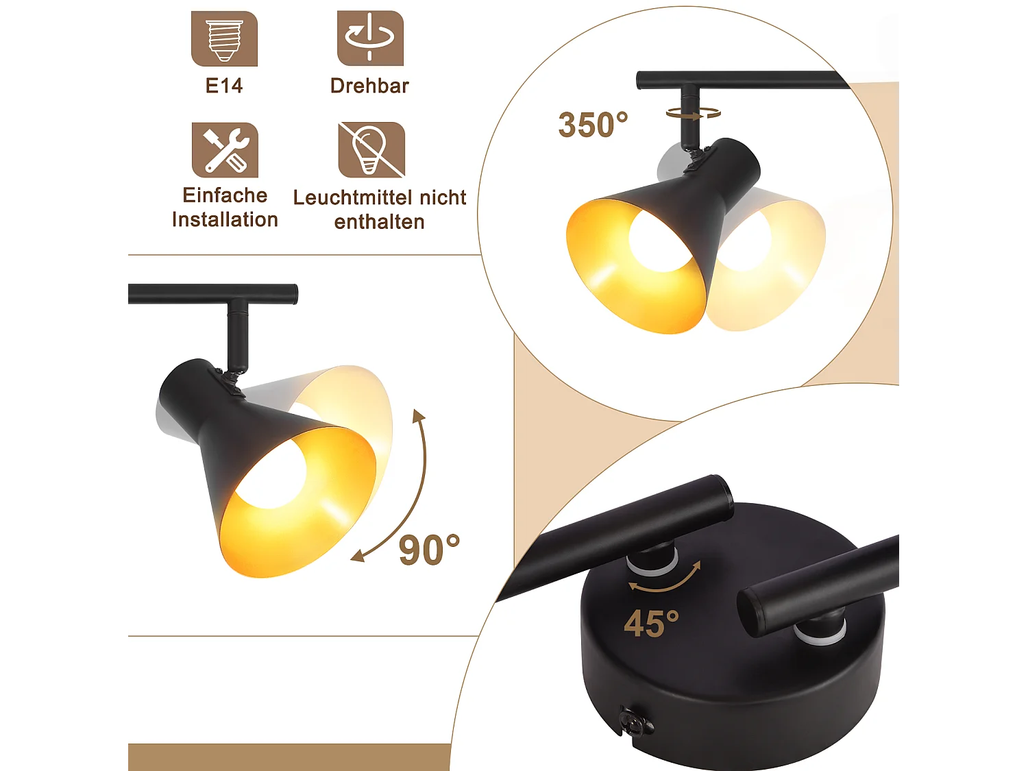 NETTLIFE Opbouwspot 3-lichts E14 Fitting rond zwart goud met creatief ontwerp 330° draaibar Plafondspot Vintage Keukenlamp