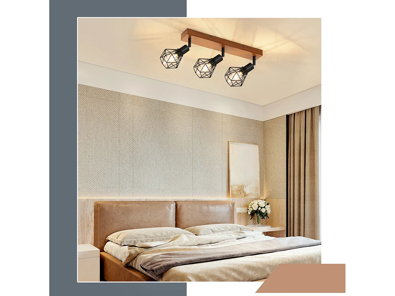 NETTLIFE 3 spots de plafond bois noir E14 rétro métal orientable 350° intérieur MAX.25W pour salle à manger cuisine salon chambre sans ampoule