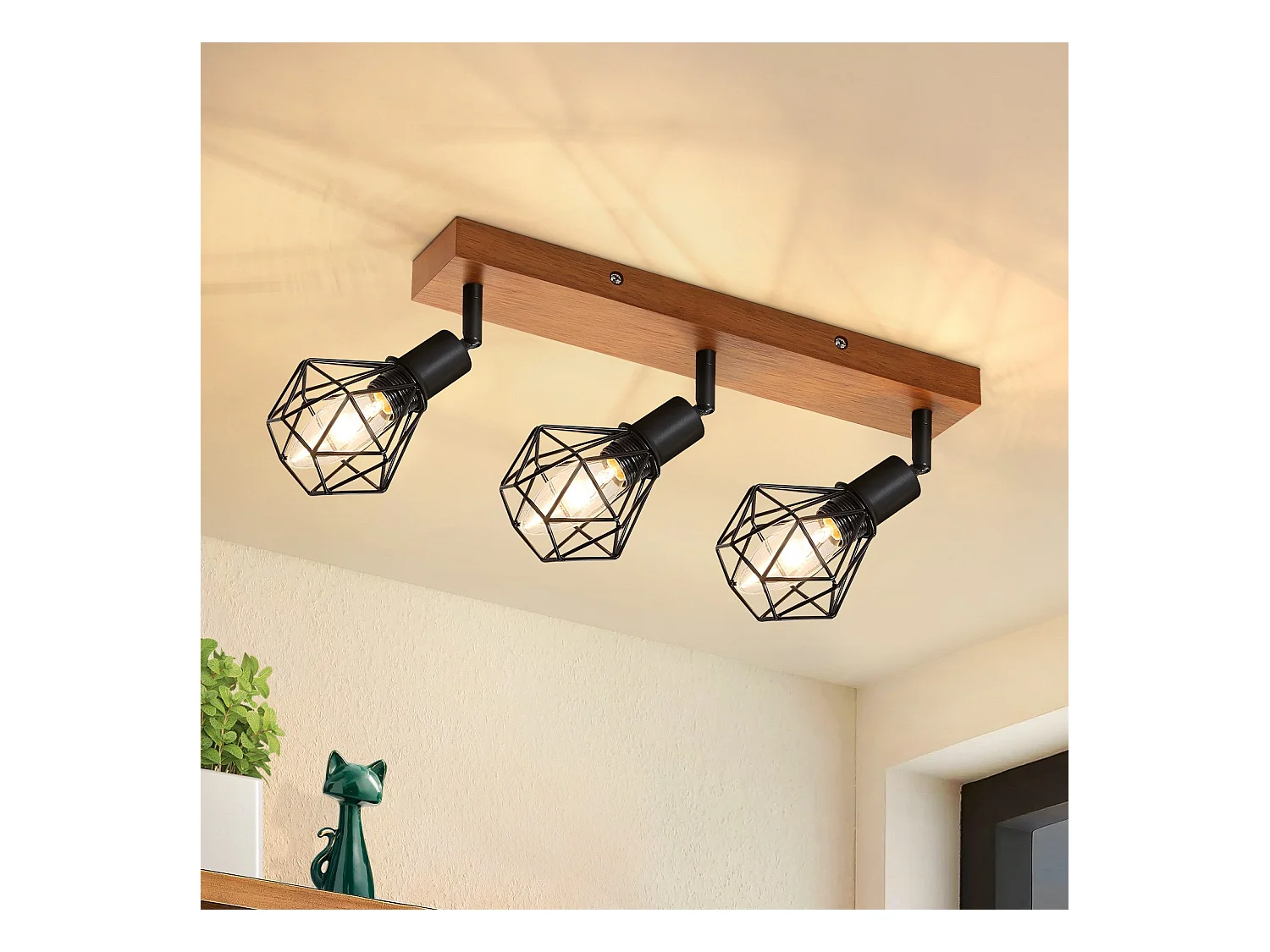 NETTLIFE 3 spots de plafond bois noir E14 rétro métal orientable 350° intérieur MAX.25W pour salle à manger cuisine salon chambre sans ampoule