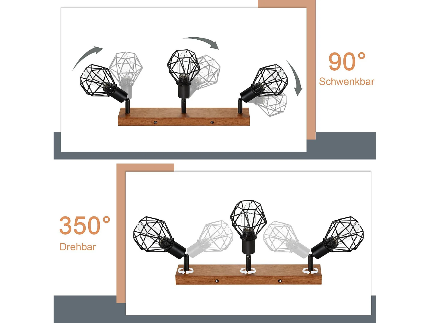 NETTLIFE 3 spots de plafond bois noir E14 rétro métal orientable 350° intérieur MAX.25W pour salle à manger cuisine salon chambre sans ampoule