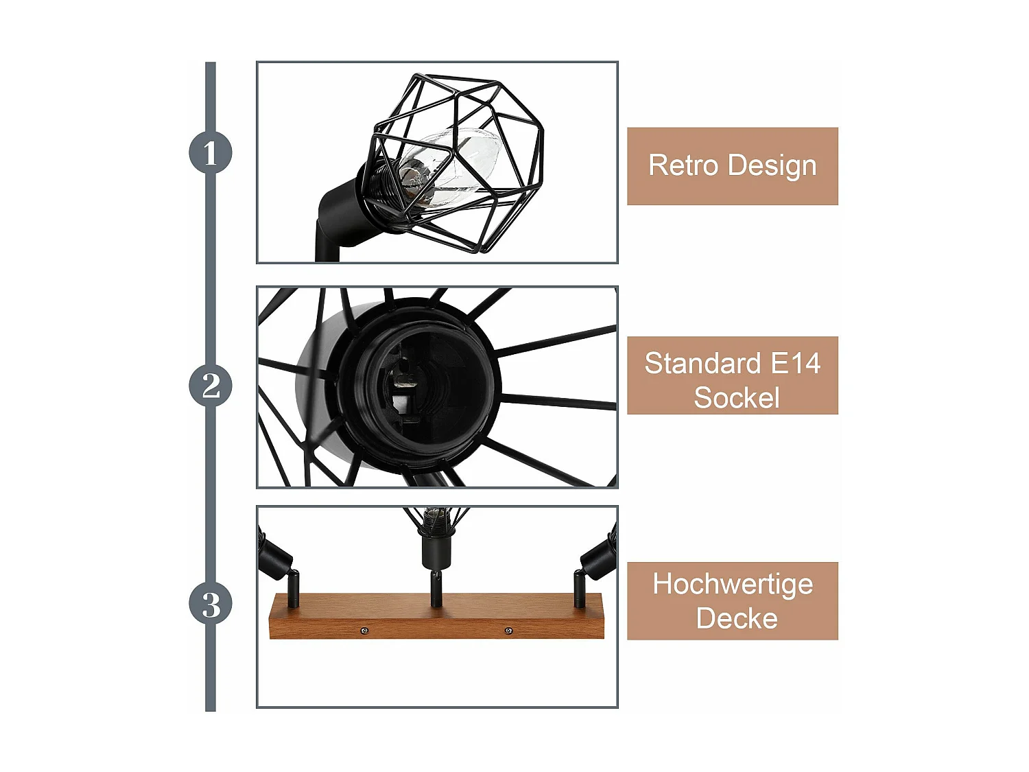 NETTLIFE 3 spots de plafond bois noir E14 rétro métal orientable 350° intérieur MAX.25W pour salle à manger cuisine salon chambre sans ampoule