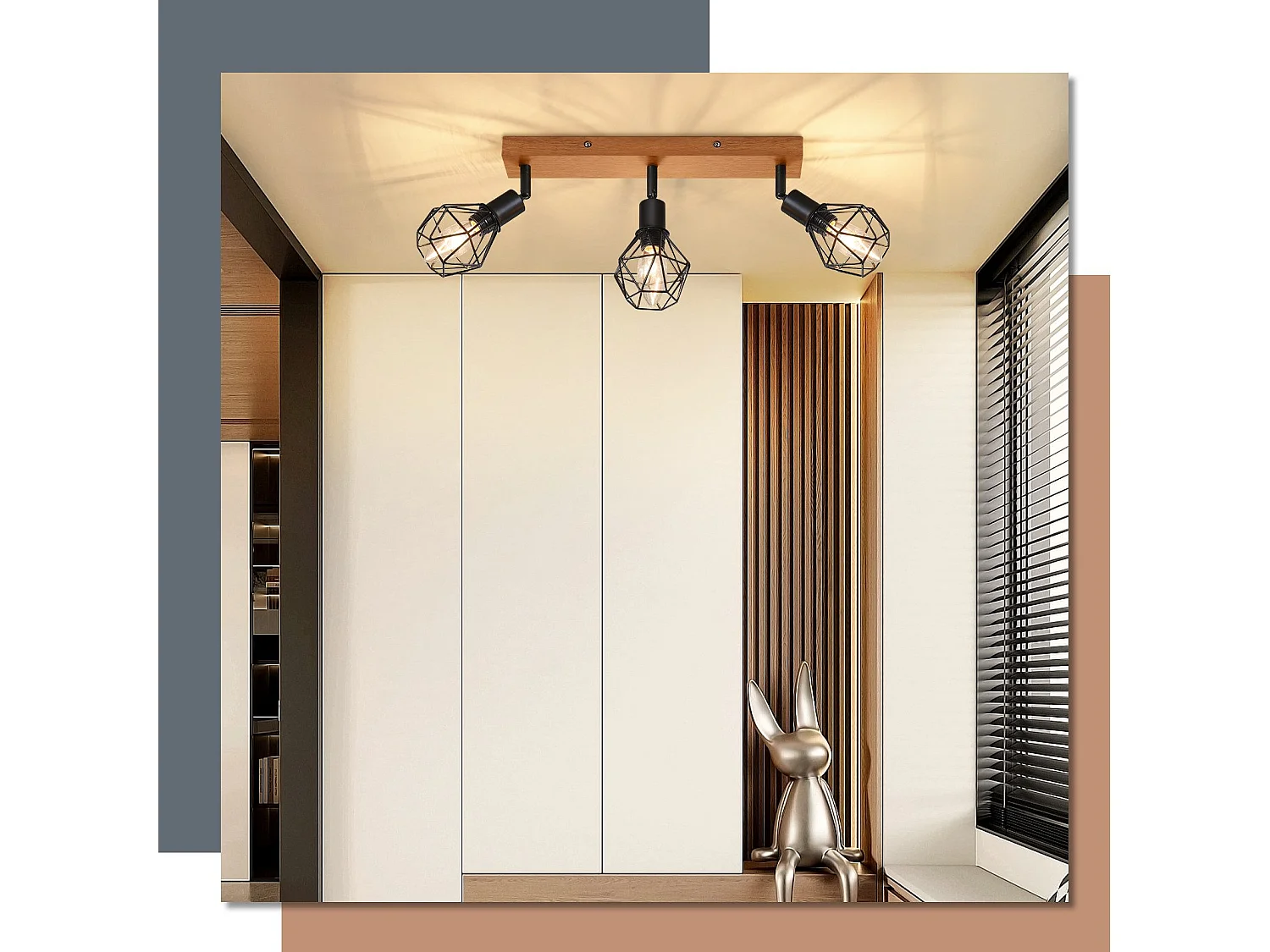 NETTLIFE 3 spots de plafond bois noir E14 rétro métal orientable 350° intérieur MAX.25W pour salle à manger cuisine salon chambre sans ampoule