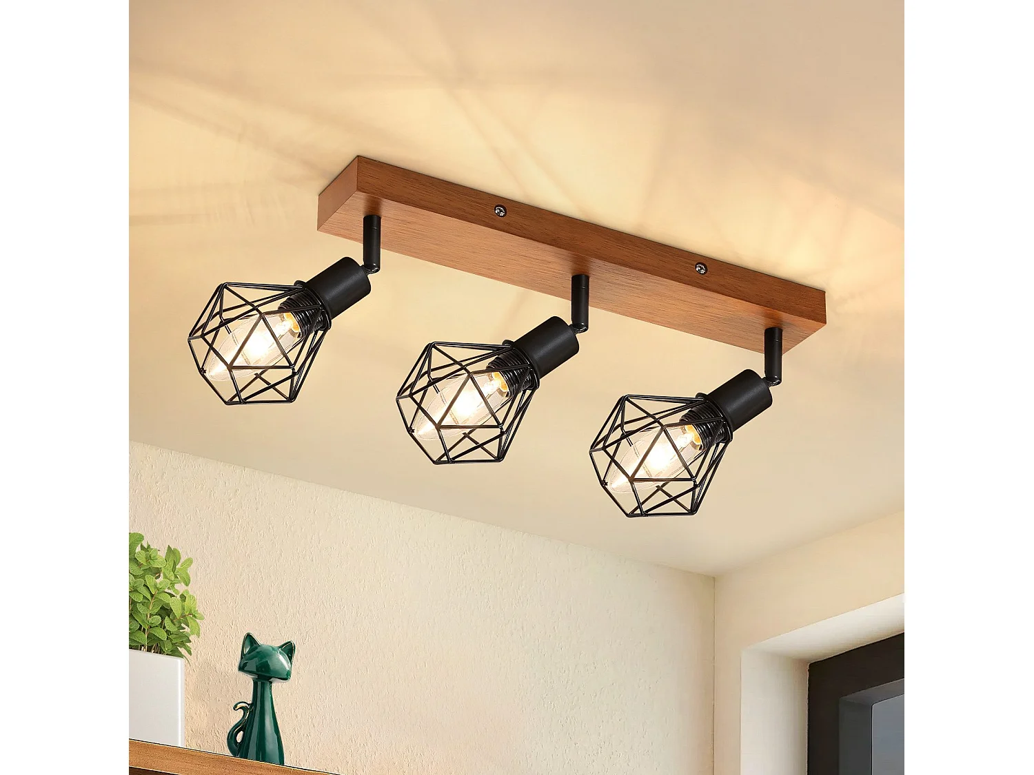 NETTLIFE 3 spots de plafond bois noir E14 rétro métal orientable 350° intérieur MAX.25W pour salle à manger cuisine salon chambre sans ampoule