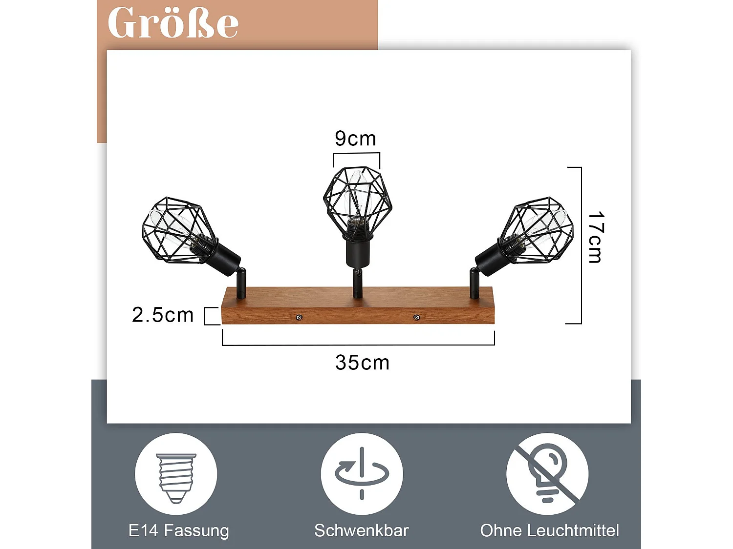 NETTLIFE 3 spots de plafond bois noir E14 rétro métal orientable 350° intérieur MAX.25W pour salle à manger cuisine salon chambre sans ampoule