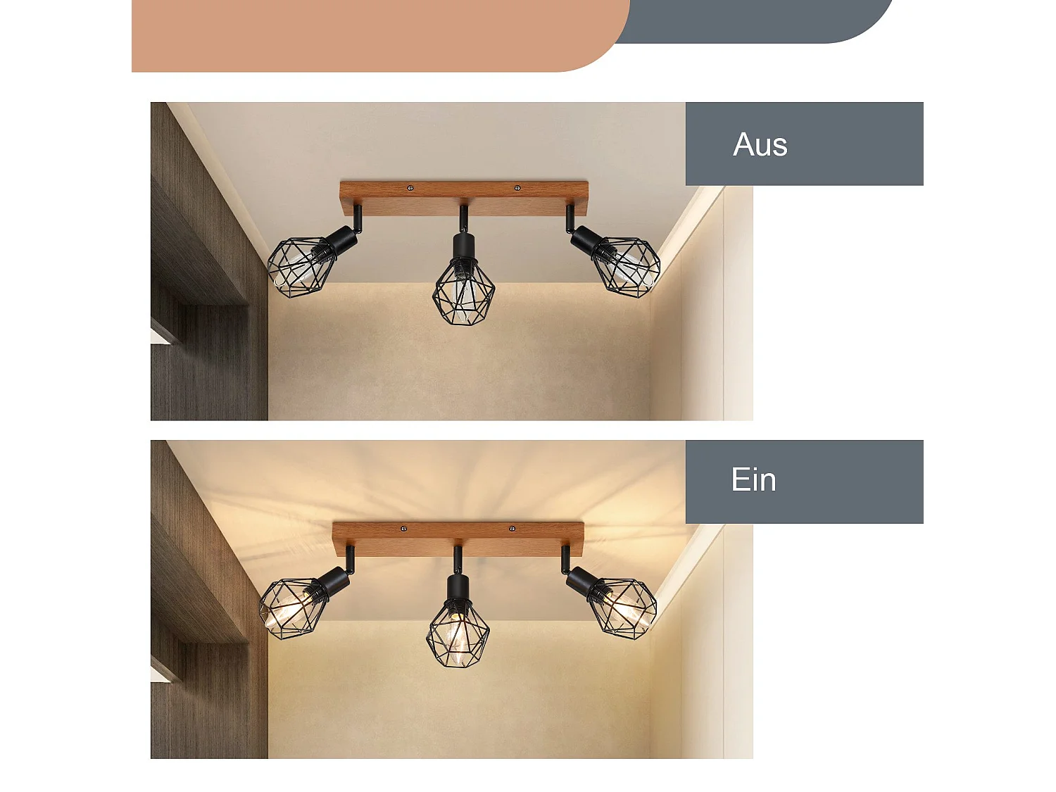 NETTLIFE 3 spots de plafond bois noir E14 rétro métal orientable 350° intérieur MAX.25W pour salle à manger cuisine salon chambre sans ampoule