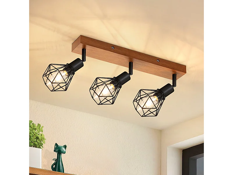 NETTLIFE 3 spots de plafond bois noir E14 rétro métal orientable 350° intérieur MAX.25W pour salle à manger cuisine salon chambre sans ampoule