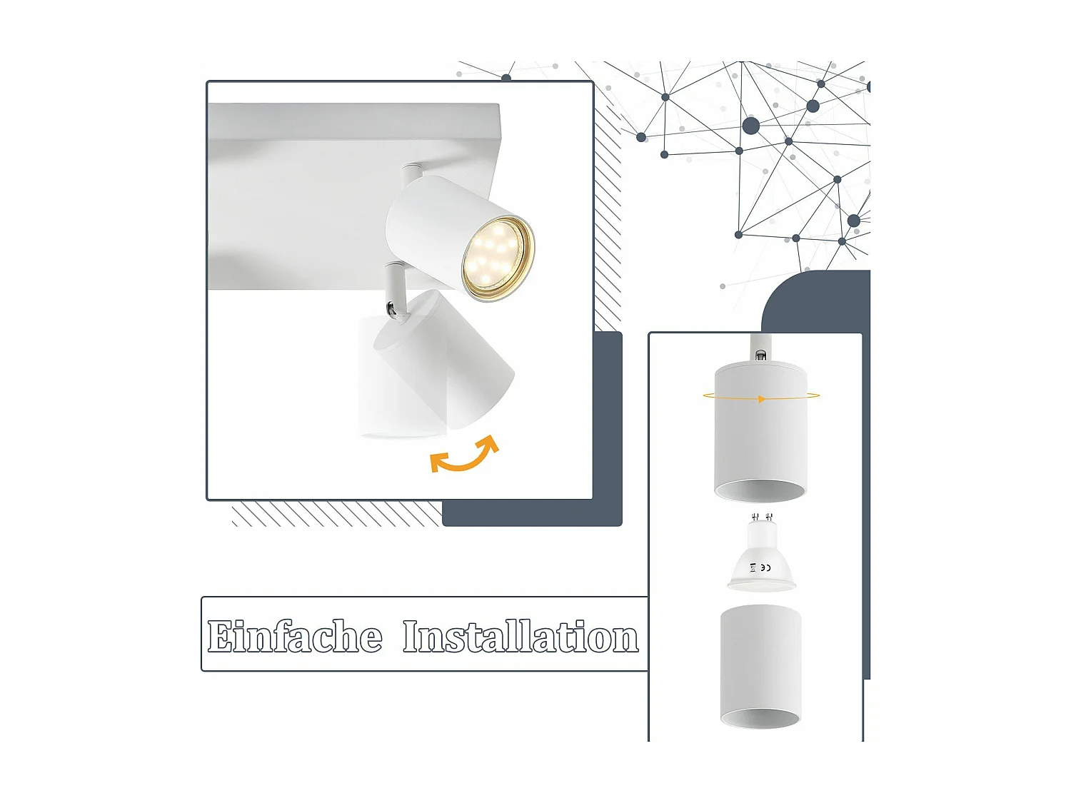 NETTLIFE Plafonnier 6 spots GU10 blanc orientables à 330° mural industriel moderne pour salon chambre cuisine sans ampoule