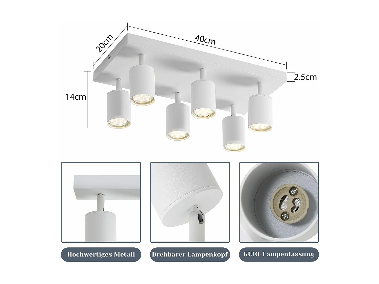 NETTLIFE Plafonnier 6 spots GU10 blanc orientables à 330° mural industriel moderne pour salon chambre cuisine sans ampoule