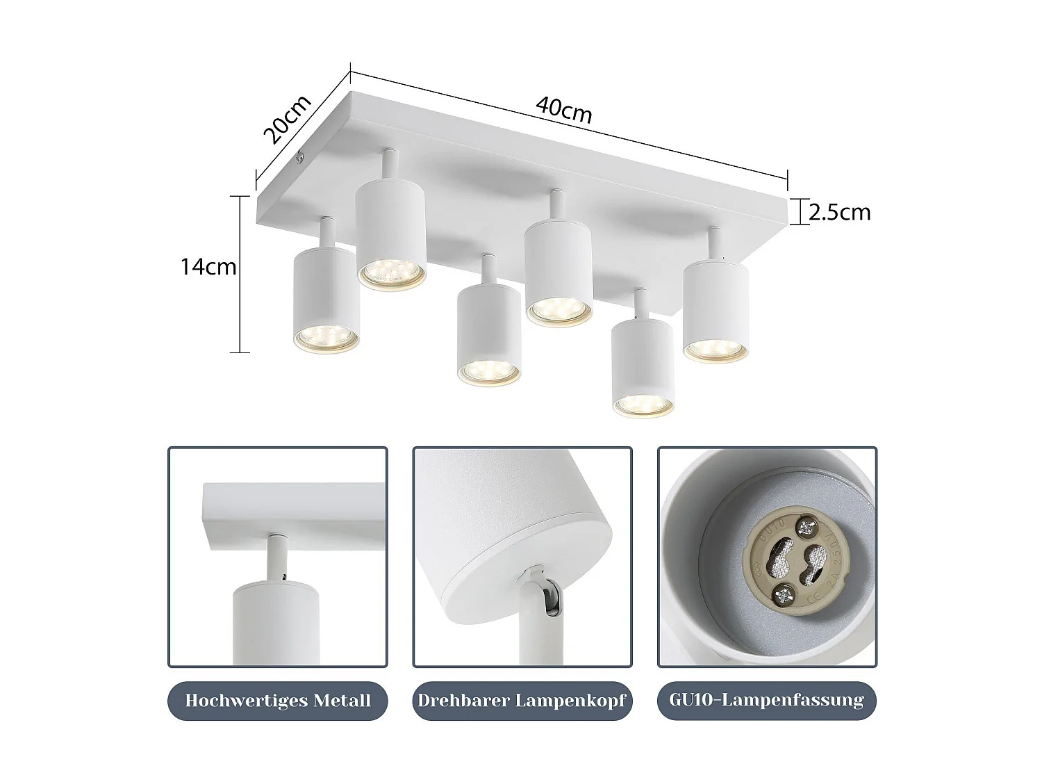 NETTLIFE Plafonnier 6 spots GU10 blanc orientables à 330° mural industriel moderne pour salon chambre cuisine sans ampoule