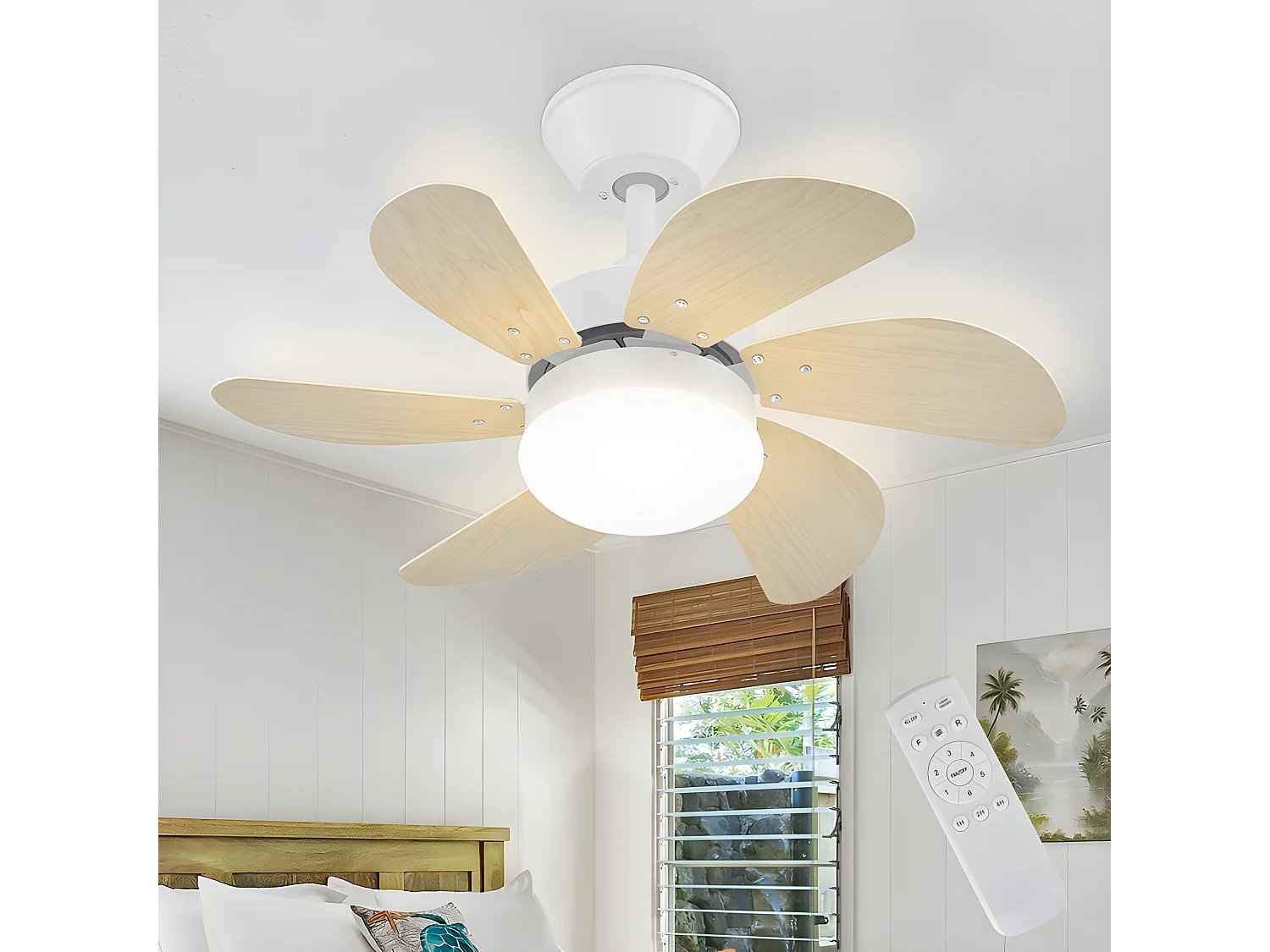 NETTLIFE Ventilateur de plafond blanc avec éclairage, télécommande, silencieux, avec minuterie, 6 pales, pour chambre à coucher